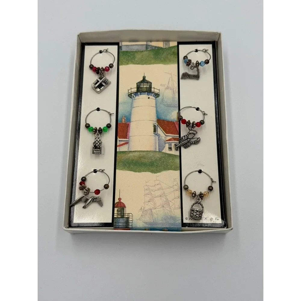 Vintage Nautical Wine Glass Charms Set 6 Cape Cod Lobster‎ Seagull Pewter